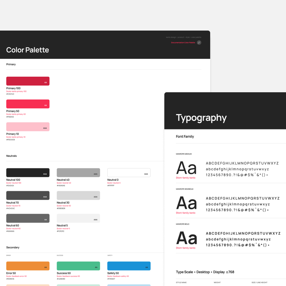 Paleta de cor e tipografia do design system Kenlo